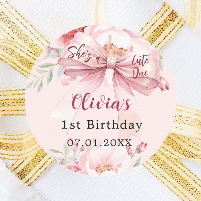 Blush pink bow floral cute one 1st birthday classic round sticker (Creator Uploaded)