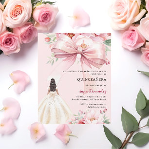 Blush pink bow floral dress Quinceanera invitation