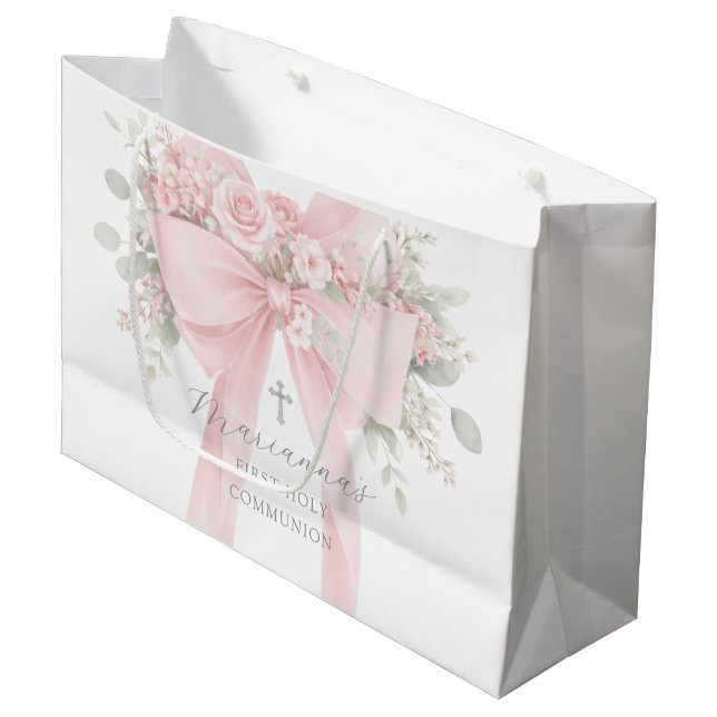 Blush Pink Bow Floral First Holy Communion Large Gift Bag (Front Angled)