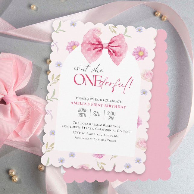 Blush Pink Bow floral Onederful girl 1st birthday Invitation (Creator Uploaded)