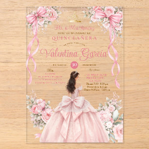 Blush Pink Bow Floral Quinceañera Dress Birthday Acrylic Invitations
