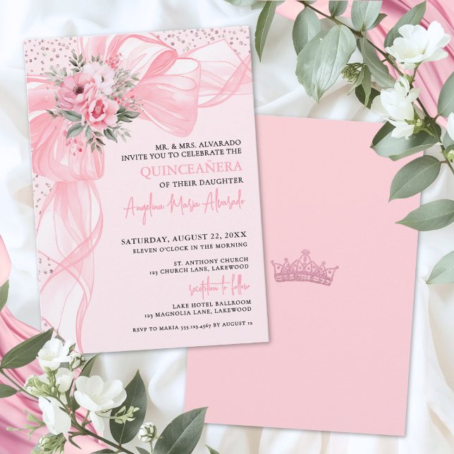 Blush Pink Bow Floral Quinceanera Invitation (Blush Pink Bow Quinceanera Invitation)