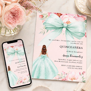 Blush pink bow floral sage green dress Quinceanera Invitation