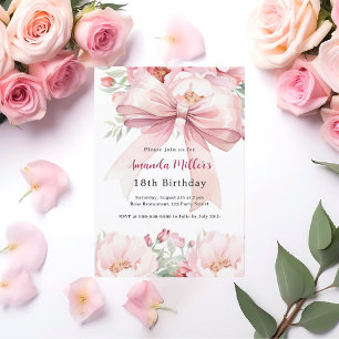 Blush pink bow florals birthday invitation