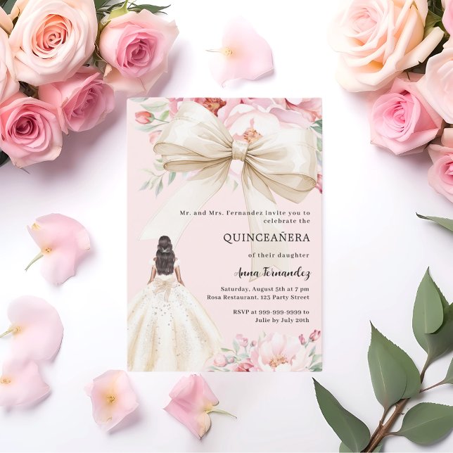 Blush pink bow florals cream dress Quinceanera Invitation (Creator Uploaded)