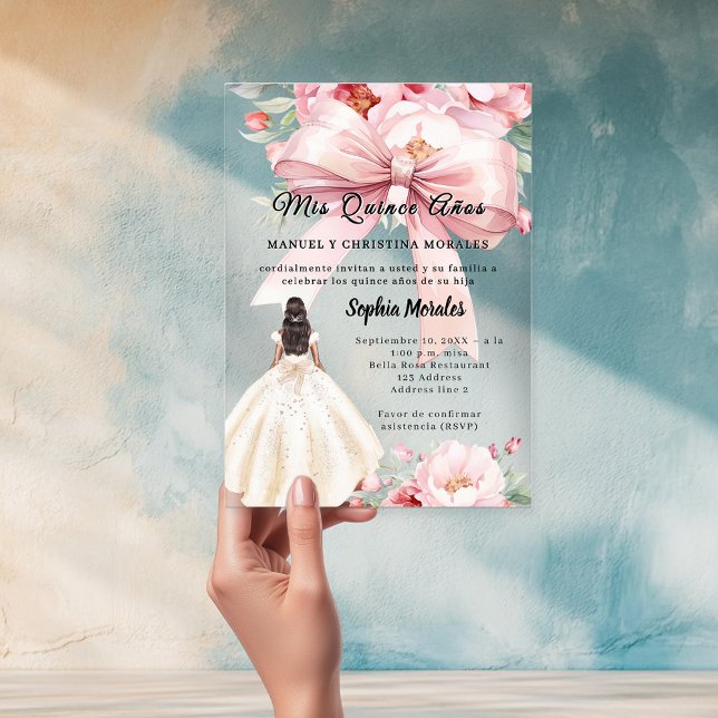 Blush pink bow florals dress Quinceanera clear Acrylic Invitations (Creator Uploaded)