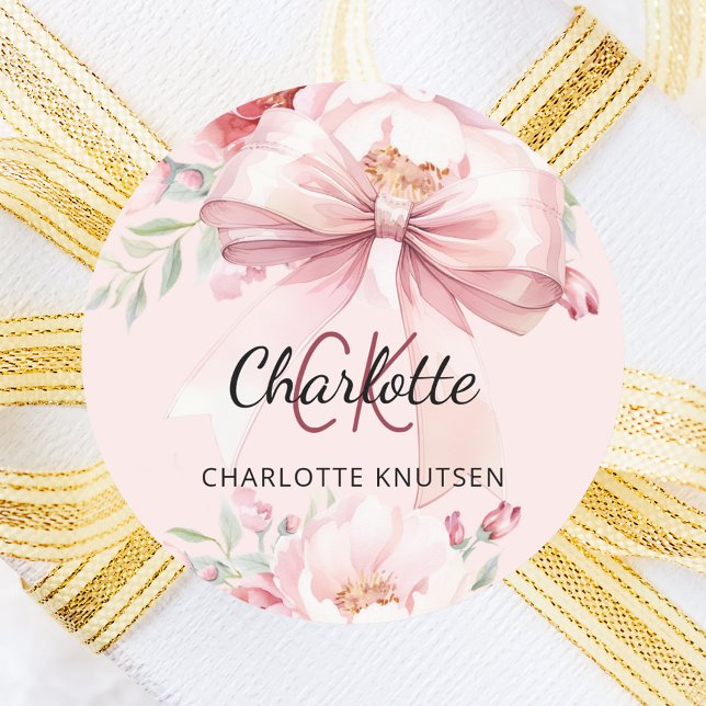 Blush pink bow florals monogram classic round sticker (Creator Uploaded)