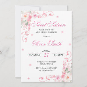 Blush Pink Bow Flowers Sweet Sixteen Birthday Invitation