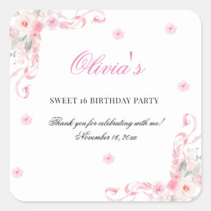 Blush Pink Bow Flowers Sweet Sixteen Birthday Square Sticker