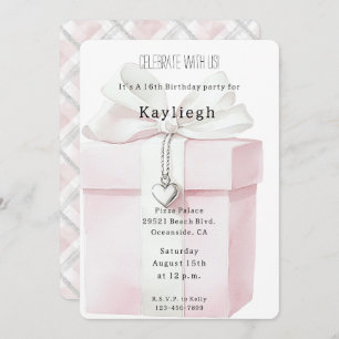 Blush Pink Bow Gift Heart Charm Birthday   Invitation