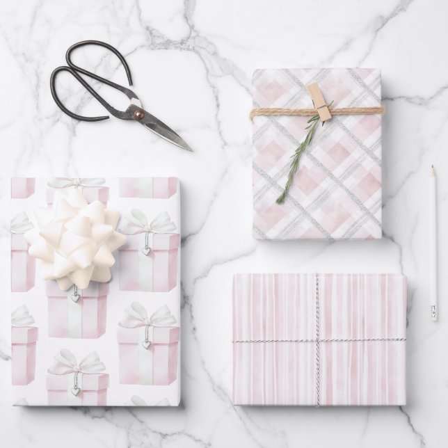 Blush Pink Bow Gift Heart Charm Birthday Wrapping Paper Sheet (Front)