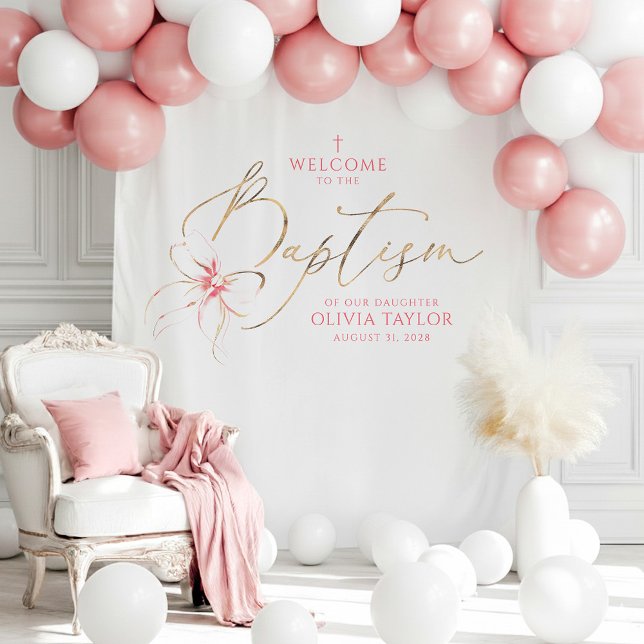 Blush Pink Bow Girl Baptism Photo Backdrop Welcome Tapestry (Pink Bow Baptism Photo Backdrop Tapestry)