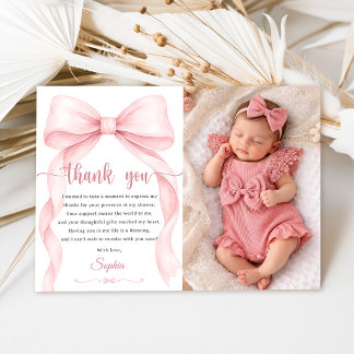 Blush Pink Bow Girl Photo Thank You Card
