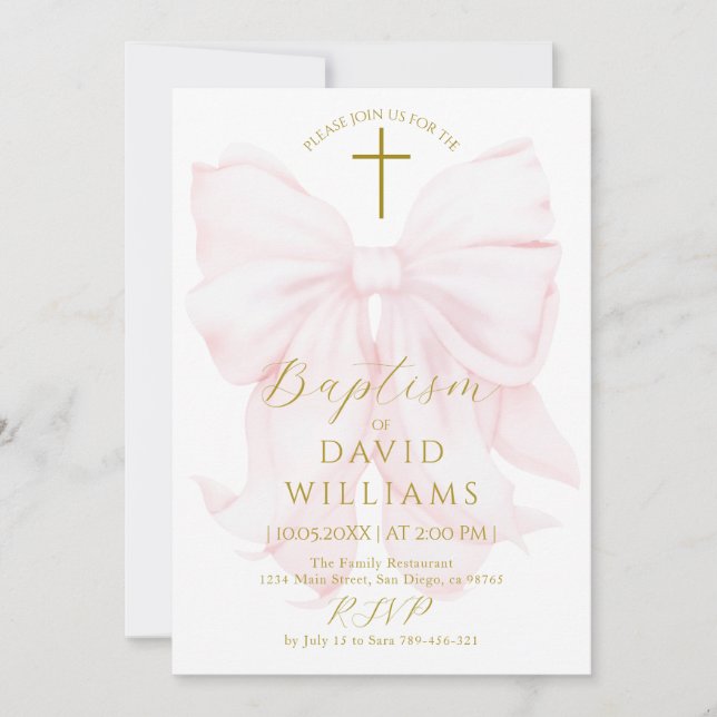 Blush Pink Bow Girls Baptism Elegant Digital Invitation (Front)