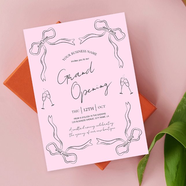 Blush Pink Bow Hand Drawn Business Grand Opening  Invitation (Elegant hand drawn whimsical business grand opening event invitations in blush pink)