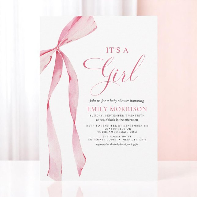 Blush Pink Bow It's a Girl Baby Shower Invitation (Creator Uploaded)