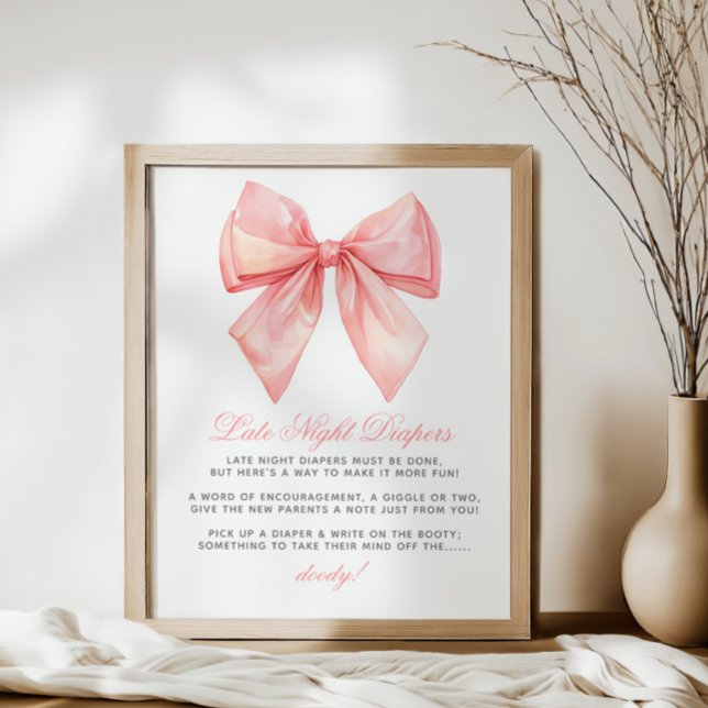 Blush Pink Bow Late Night Diapers Baby Shower Poster (Creator Uploaded)