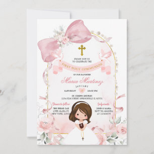 Blush Pink Bow Pearl Girl First Holy Communion Invitation