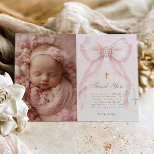 Blush Pink Bow Photo Baptism Thank you Card