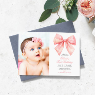 Blush Pink Bow Photo First Birthday Invitation