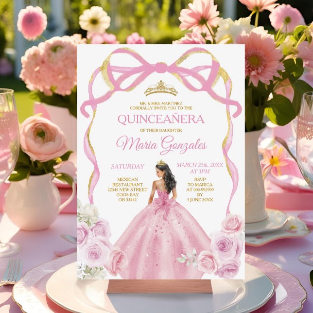 Blush Pink Bow Princess Gold Crown Quinceañera Invitation (Creator Uploaded)