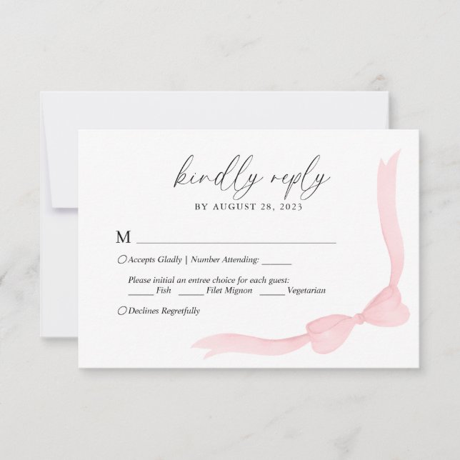 Blush Pink Bow Ribbon Menu Choice Wedding RSVP (Front)