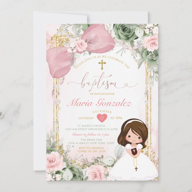 Blush Pink Bow & Sage Green Floral Girl Baptism Invitation (Front)