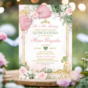 Blush Pink Bow & Sage Green Floral Quinceañera Invitation