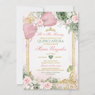 Blush Pink Bow & Sage Green Floral Quinceañera Invitation
