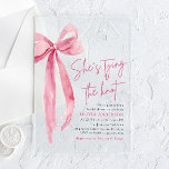 Blush Pink Bow She's Tying the Knot Bridal Shower Acrylic Invitations<br><div class="desc">Announce the upcoming celebration with elegance and charm using our Blush Pink Bow She's Tying the Knot Bridal Shower Invitation. This invitation exudes sophistication, capturing the essence of a joyous occasion. The blush pink colour palette adds a touch of romance, while the delicate bow symbolises the tying of the knot...</div>