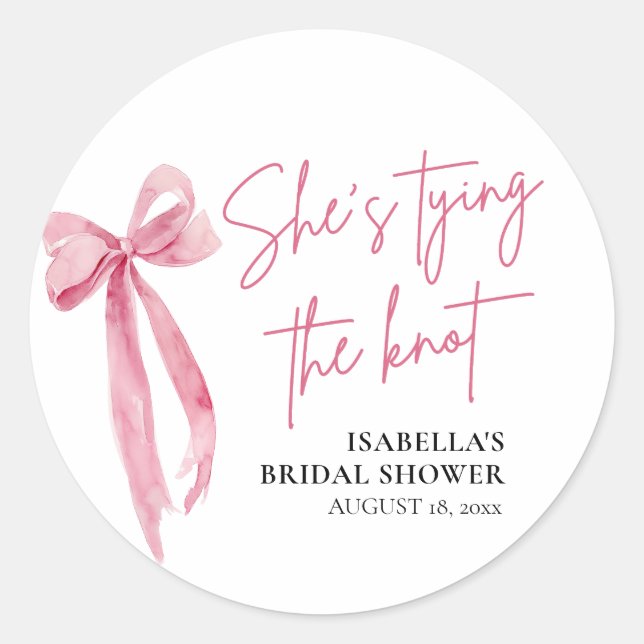 Blush Pink Bow She's Tying the Knot Bridal Shower Classic Round Sticker (Front)
