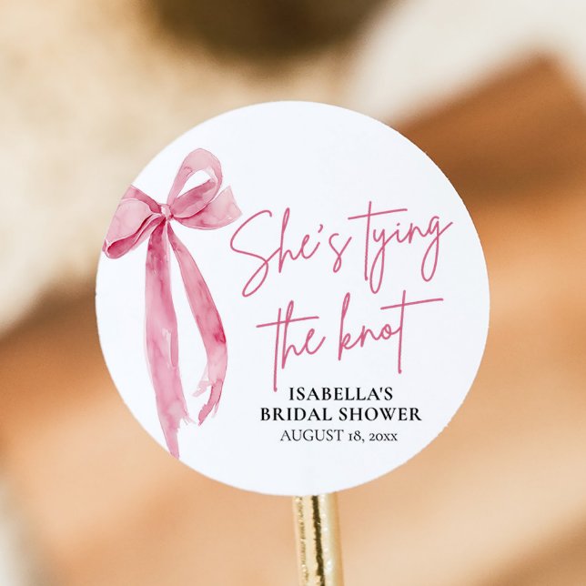 Blush Pink Bow She's Tying the Knot Bridal Shower Classic Round Sticker (Creator Uploaded)