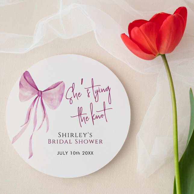 Blush Pink Bow She's Tying the Knot Bridal Shower Classic Round Sticker (Creator Uploaded)