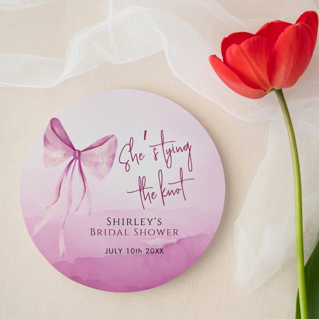 Blush Pink Bow She's Tying the Knot Bridal Shower Classic Round Sticker (Creator Uploaded)