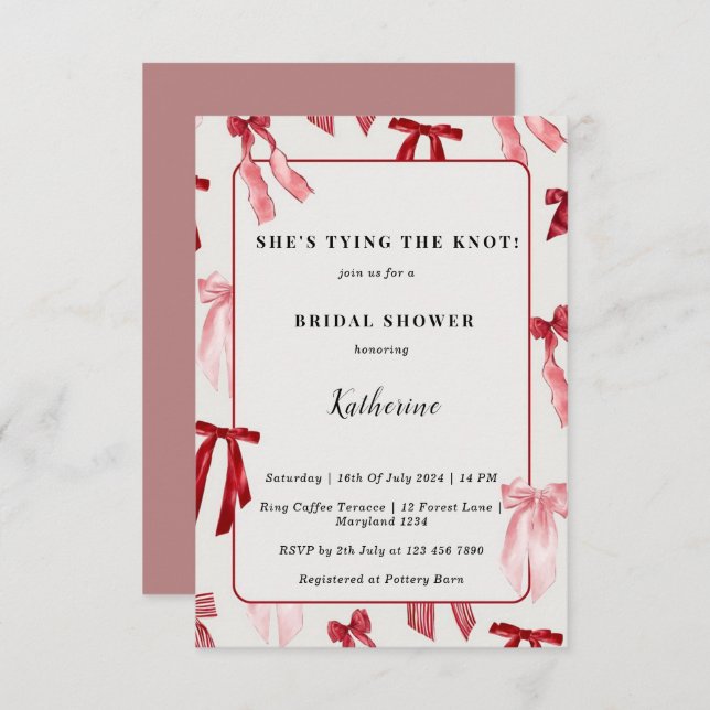 Blush Pink Bow She's Tying the Knot Bridal Shower Invitation (Front/Back)
