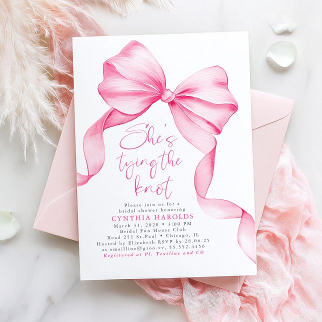 Blush Pink Bow She's Tying the Knot Bridal Shower Invitation (Pink Bow Whimsical Playful Bridal Shower Invitation)