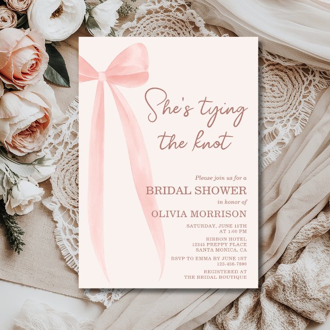 Blush Pink Bow She's Tying the Knot Bridal Shower Invitation (Creator Uploaded)