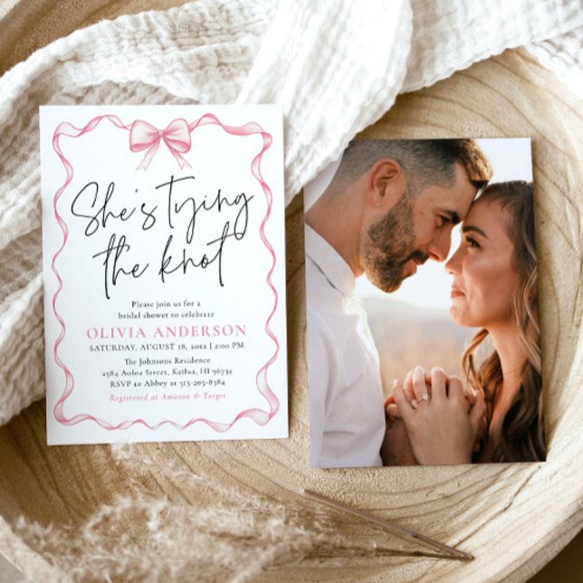 Blush Pink Bow She's Tying the Knot Bridal Shower Invitation (Watercolor Modern Cute Blush Pink Bow Ribbon Coquette She's Tying the Knot Bridal Shower Invitation)