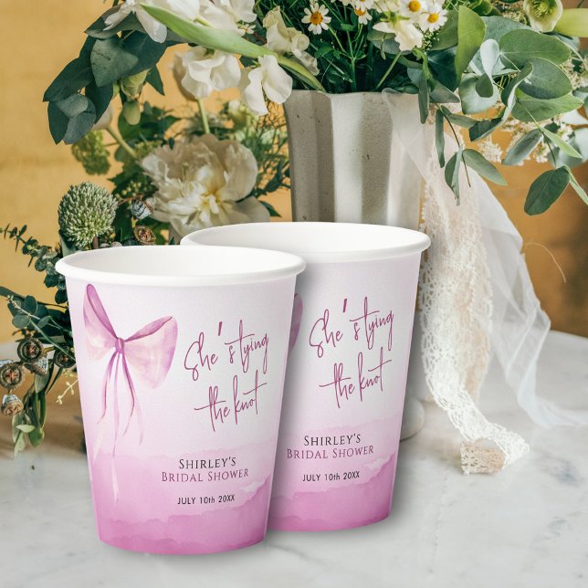 Blush Pink Bow She's Tying the Knot Bridal Shower Paper Cups (Creator Uploaded)