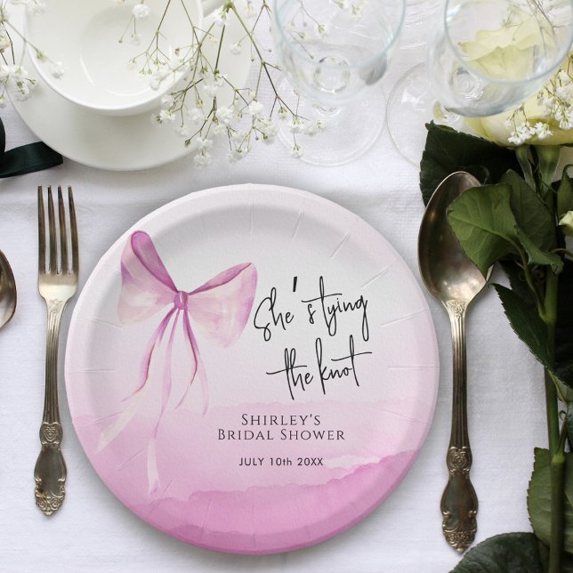Blush Pink Bow She's Tying the Knot Bridal Shower Paper Plate (Creator Uploaded)