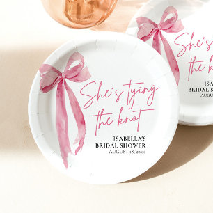 Blush Pink Bow She's Tying the Knot Bridal Shower Paper Plate