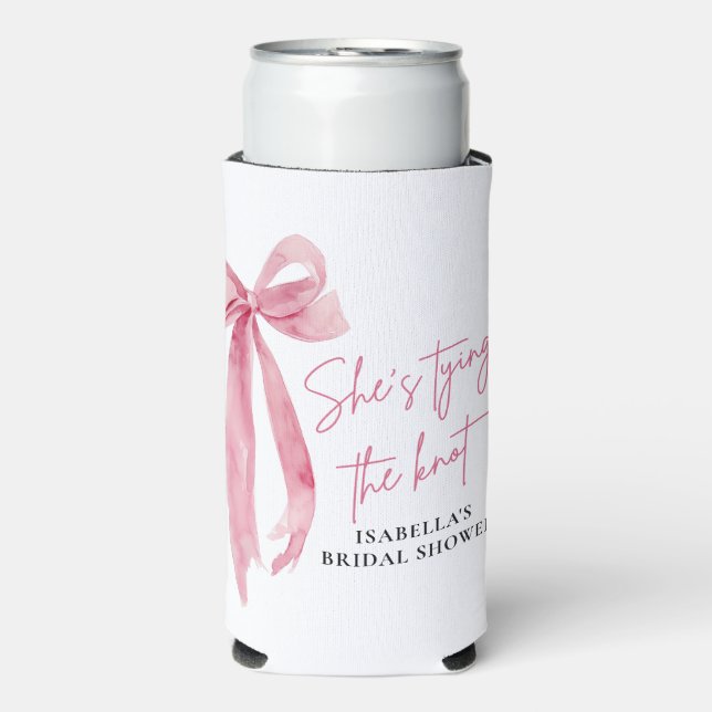 Blush Pink Bow She's Tying the Knot Bridal Shower Seltzer Can Cooler (Seltzer Front)