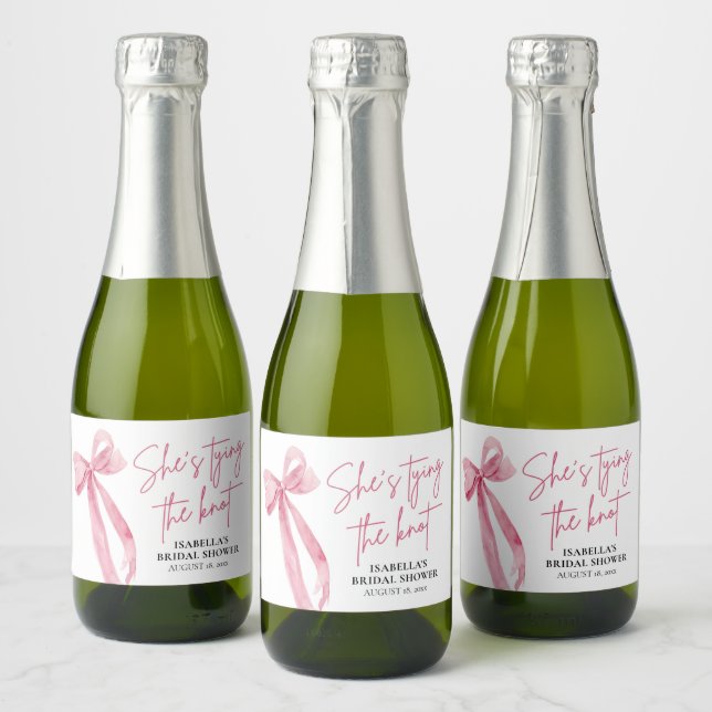 Blush Pink Bow She's Tying the Knot Bridal Shower  Sparkling Wine Label (Bottles)
