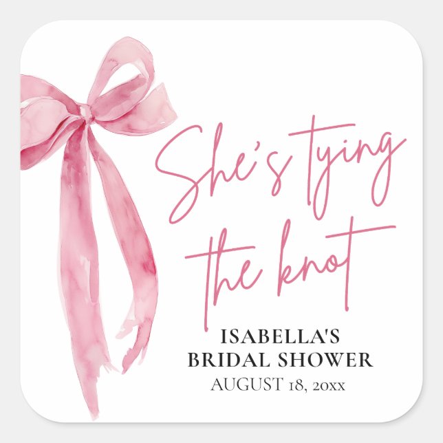 Blush Pink Bow She's Tying the Knot Bridal Shower Square Sticker (Front)