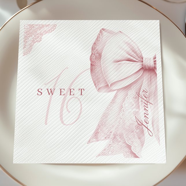 Blush Pink Bow Sweet 16 Birthday Napkin (Creator Uploaded)