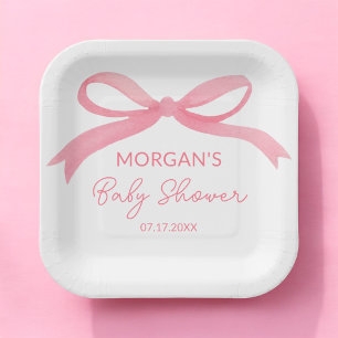Blush Pink Bow Watercolor Baby Shower Paper Plate