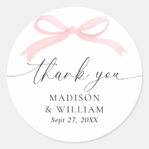 Blush Pink Bow Watercolor Wedding Thank You Classic Round Sticker