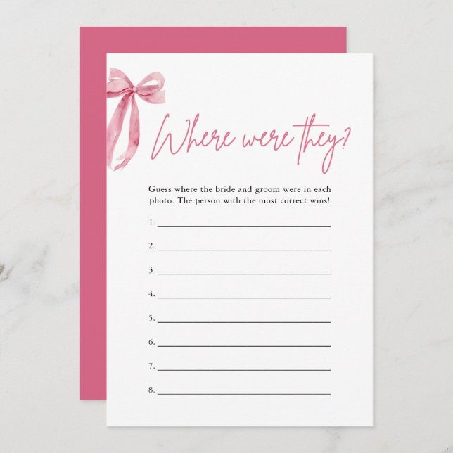 Blush Pink Bow Where Were They Bridal Shower Game Invitation (Front/Back)