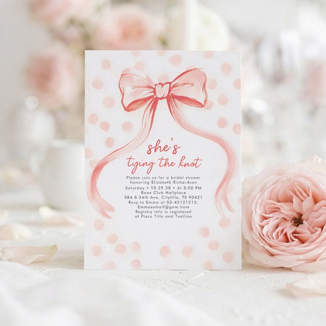 Blush Pink Bow Whimsical Minimalist Bridal Shower Invitation (Hand Painted Playful Modern Dusty Pink Bow Bridal Shower Invite)