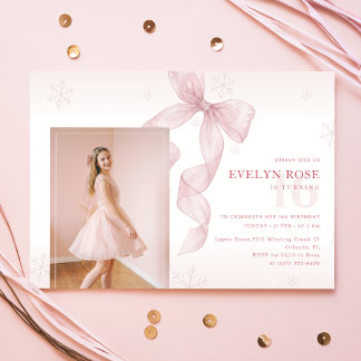 Blush Pink Bow Winter Girl Photo 16th Birthday Invitation